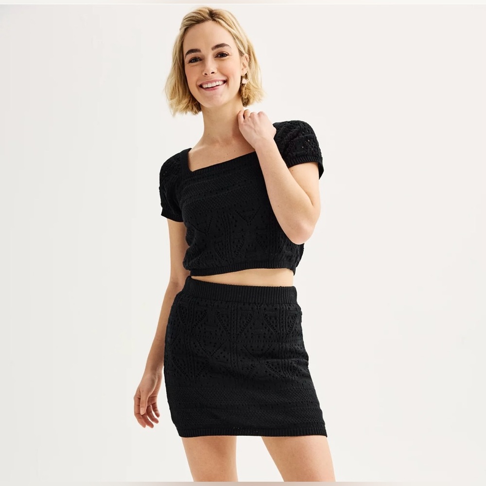 New Freshman 2 pc black crochet skirt & top set juniors medium